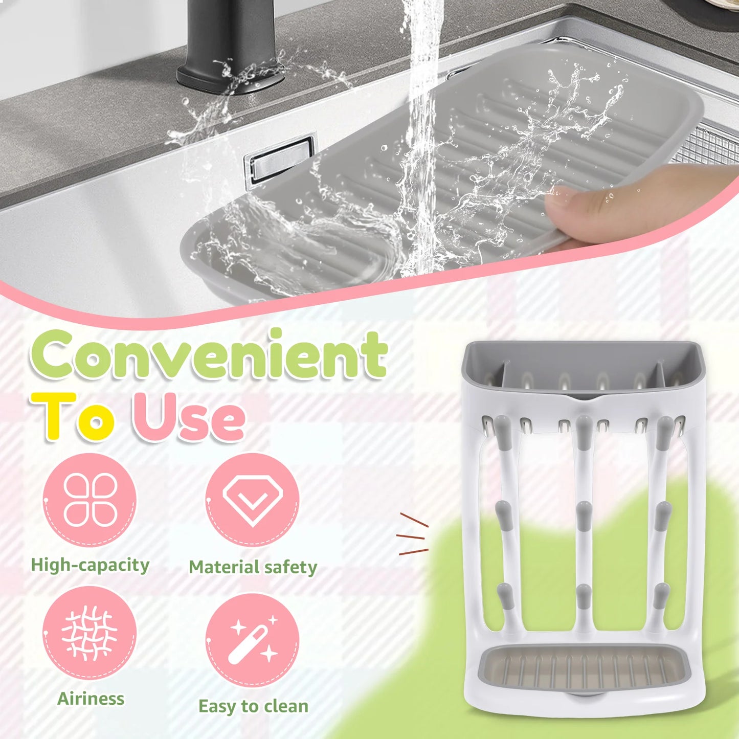 Baby Bottle Drying Rack For Countertop With Detachable Tray