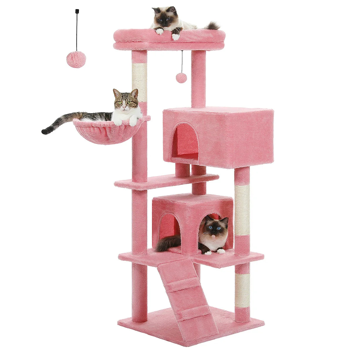 56.3 Inch Cat Tree for Large Cats with Super Large Top Perch Plush Hammock Dangling Pompom and Cat Scratching Post