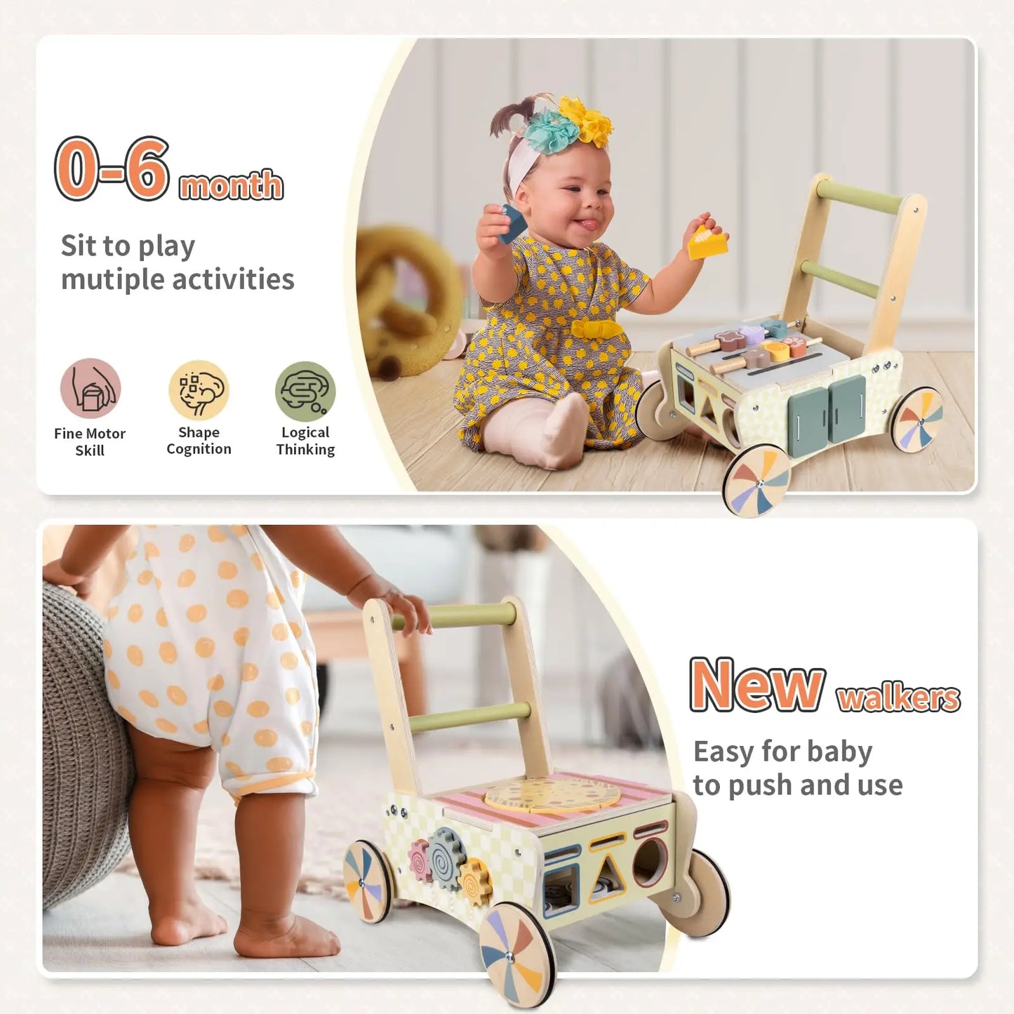 Wooden Baby Push Walker Shopping Cart And Activity Center