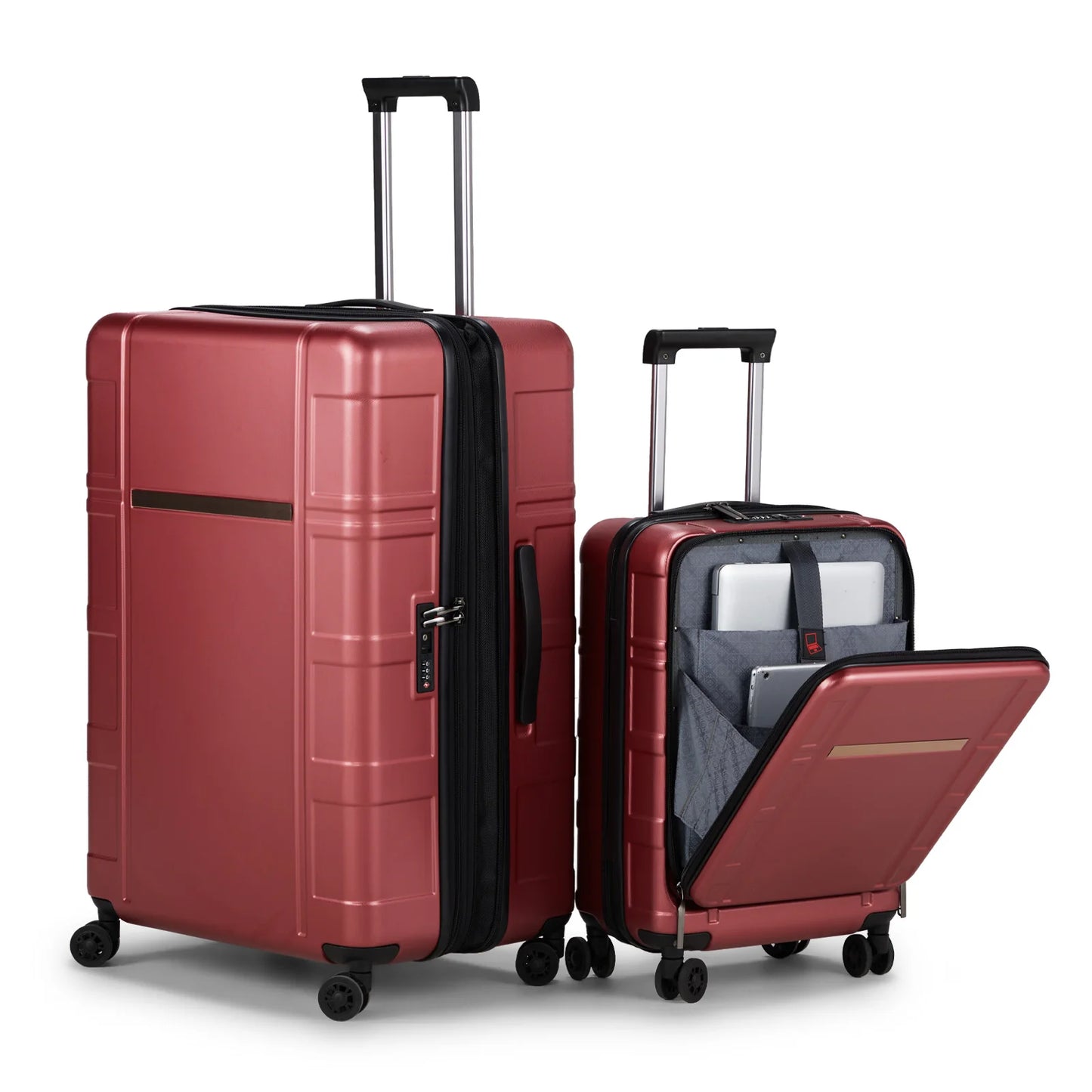 Luggage Expandable Suitcase 2 Piece Set Carry On ABS PC Spinner Trolley with Pocket Compartment Weekend Bag Wine Red Color