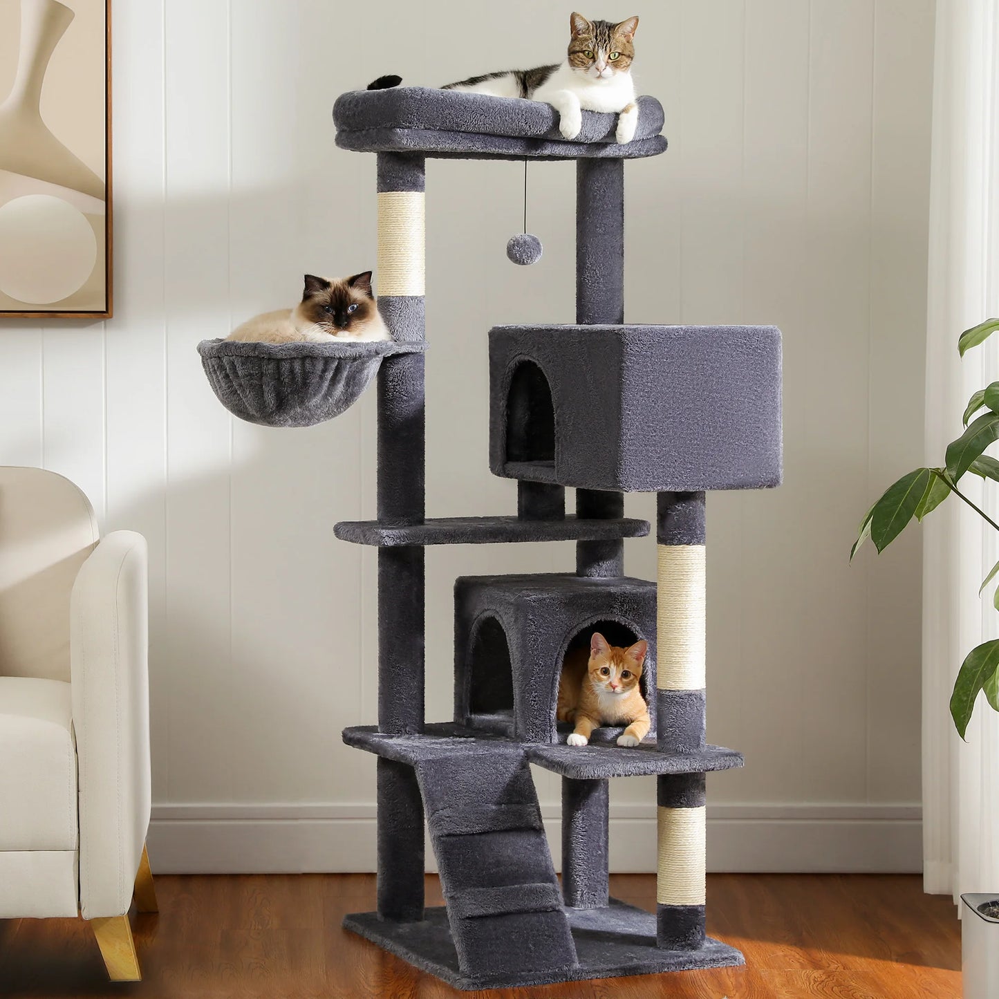 56.3 Inch Cat Tree for Large Cats with Super Large Top Perch Plush Hammock Dangling Pompom and Cat Scratching Post