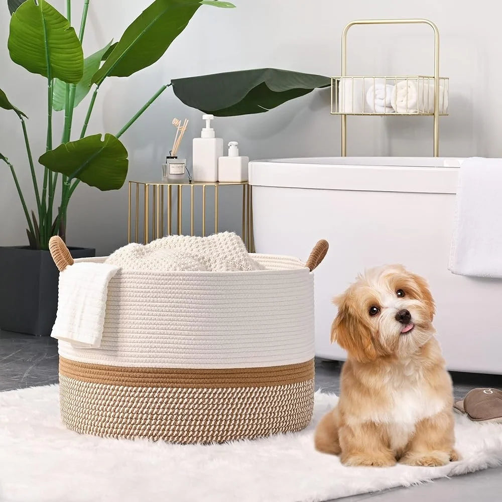 Large Woven Cotton Rope Basket Durable Storage Organizer for Baby Toys Laundry Blankets Nursery Living Room Hamper with Soft Handle
