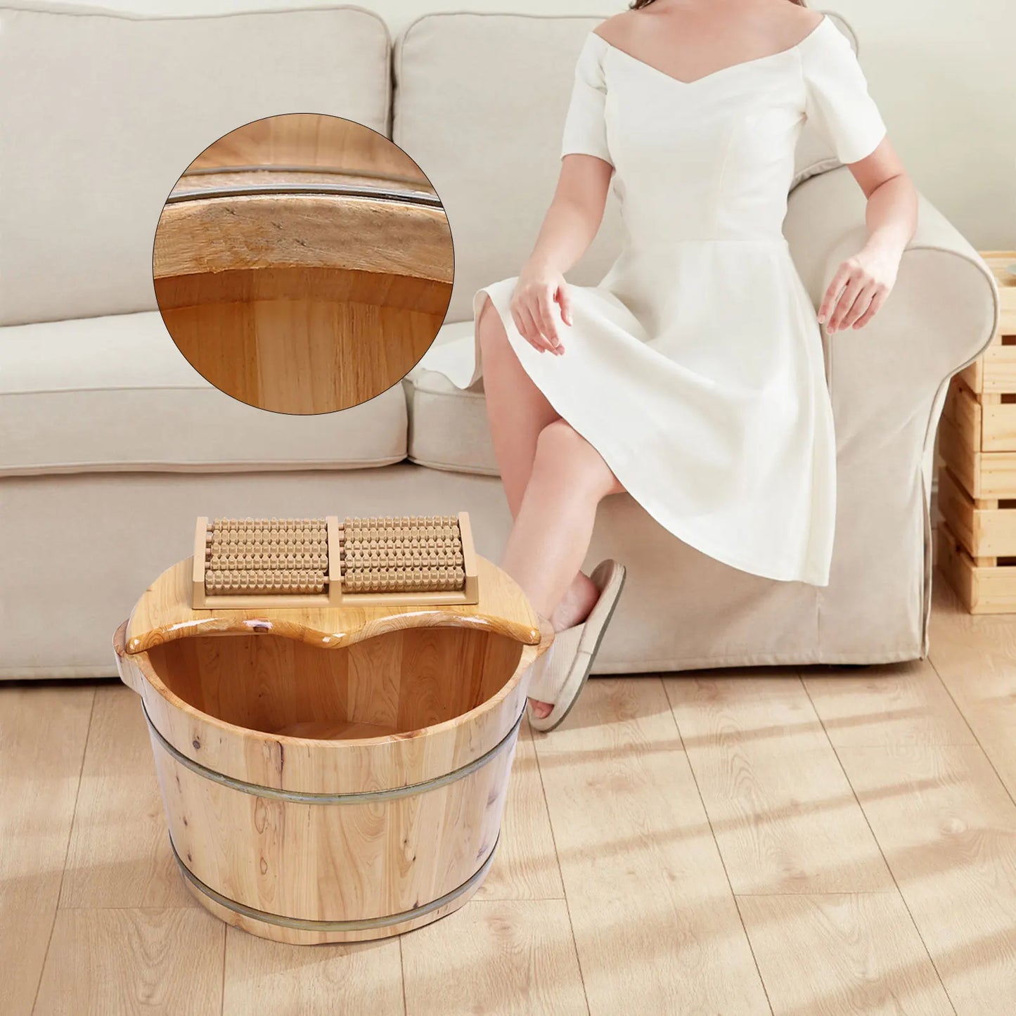 Cedar Wood Foot Bath Tub Lid Massager Solid Wood Handmade Spa Bucket with Massager and Lid