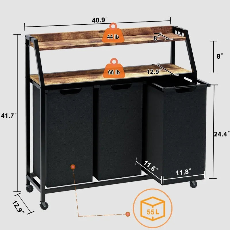 Three Section Rolling Laundry Hamper With Removable Bags