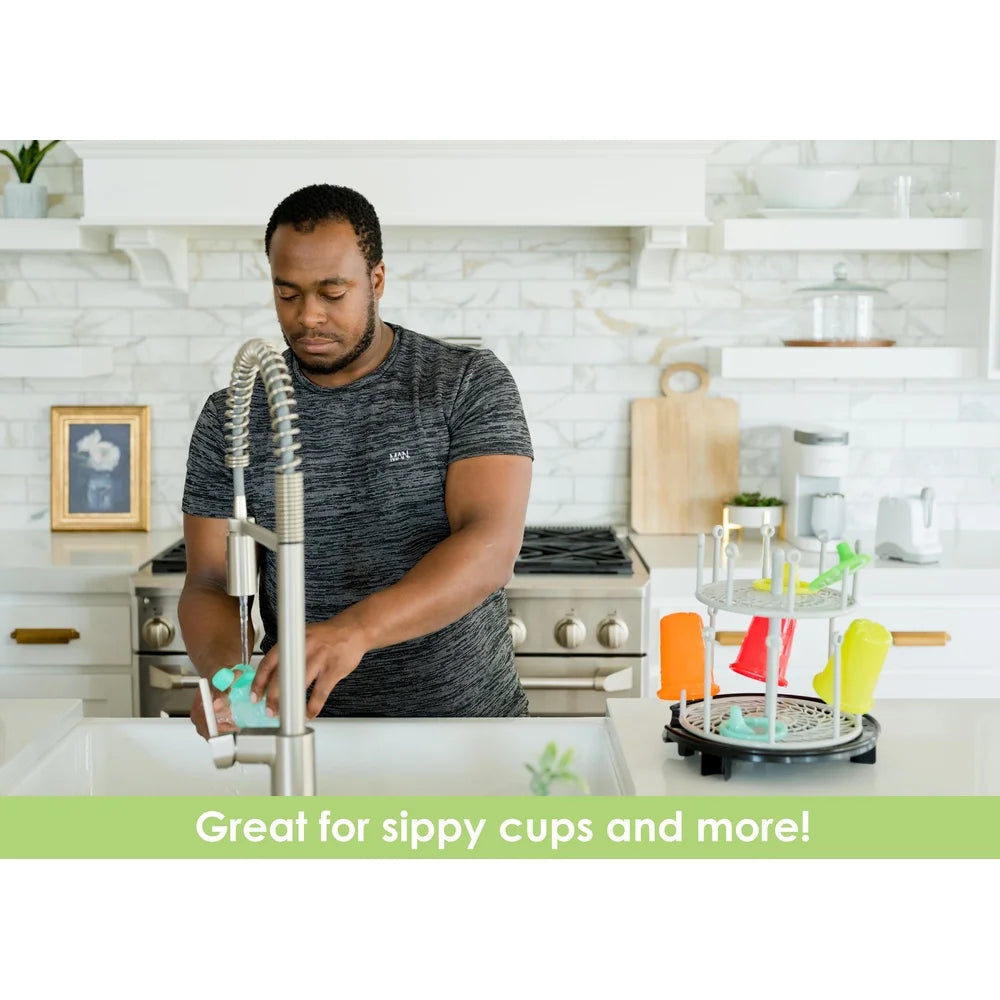 Two Tier Spin Stack Baby Bottle Drying Rack Countertop Space Saving Rotating Design Essential Organizer with Drip Tray