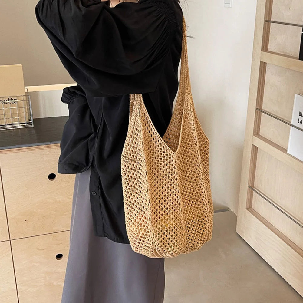 MOJOYCECN Women Knitting Shoulder Bag Large Capacity Crochet Tote Handbag