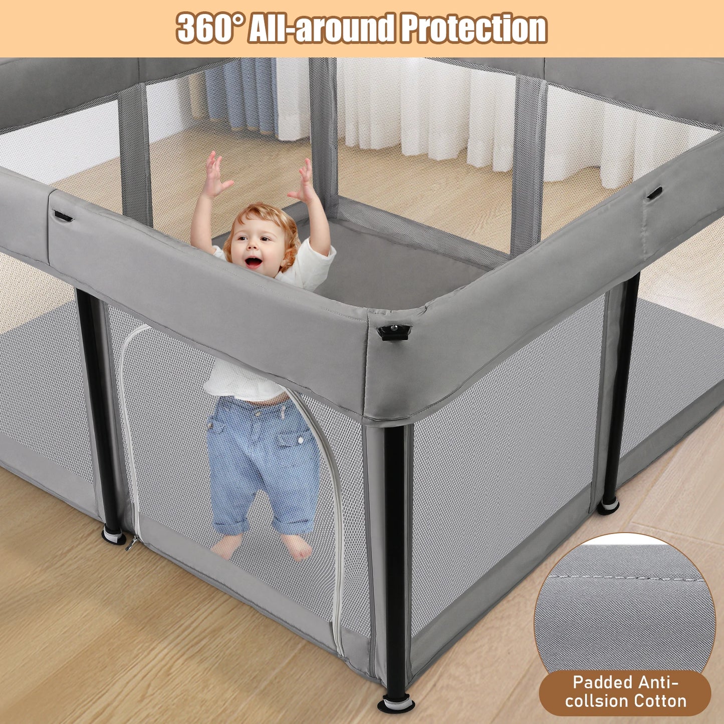 Foldable Baby Playpen with Mat 50 x 50 Inch Portable Sturdy Safe Baby Fence with Visible Breathable Mesh Zipper Door Storage