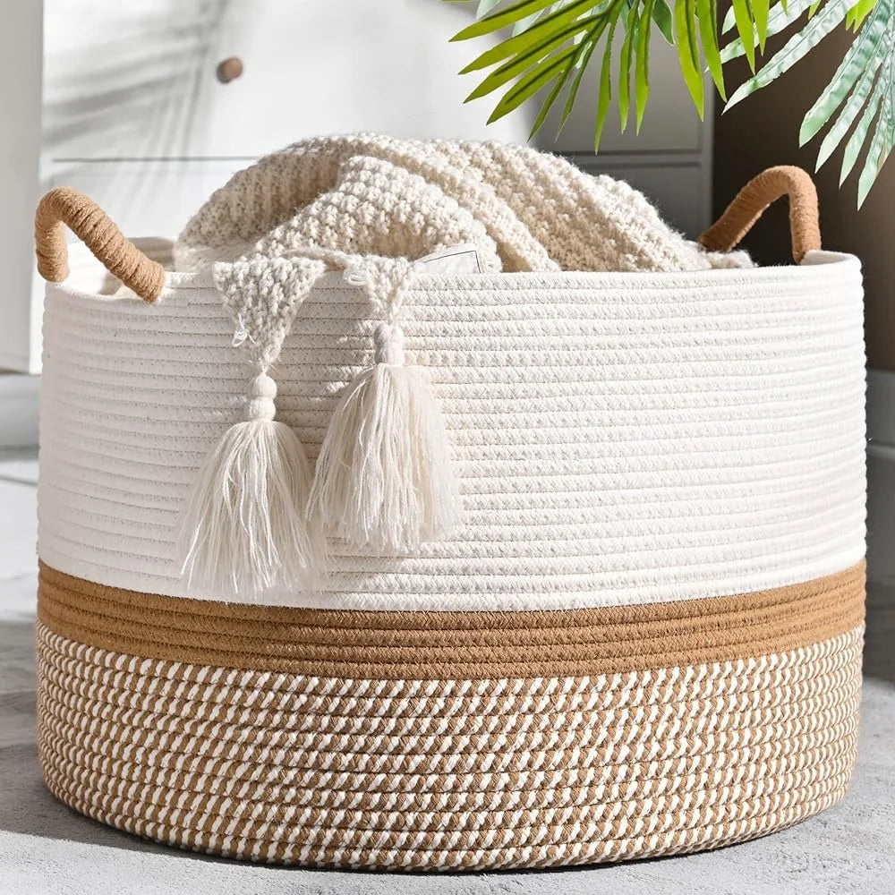 Large Woven Cotton Rope Basket Durable Storage Organizer for Baby Toys Laundry Blankets Nursery Living Room Hamper with Soft Handle