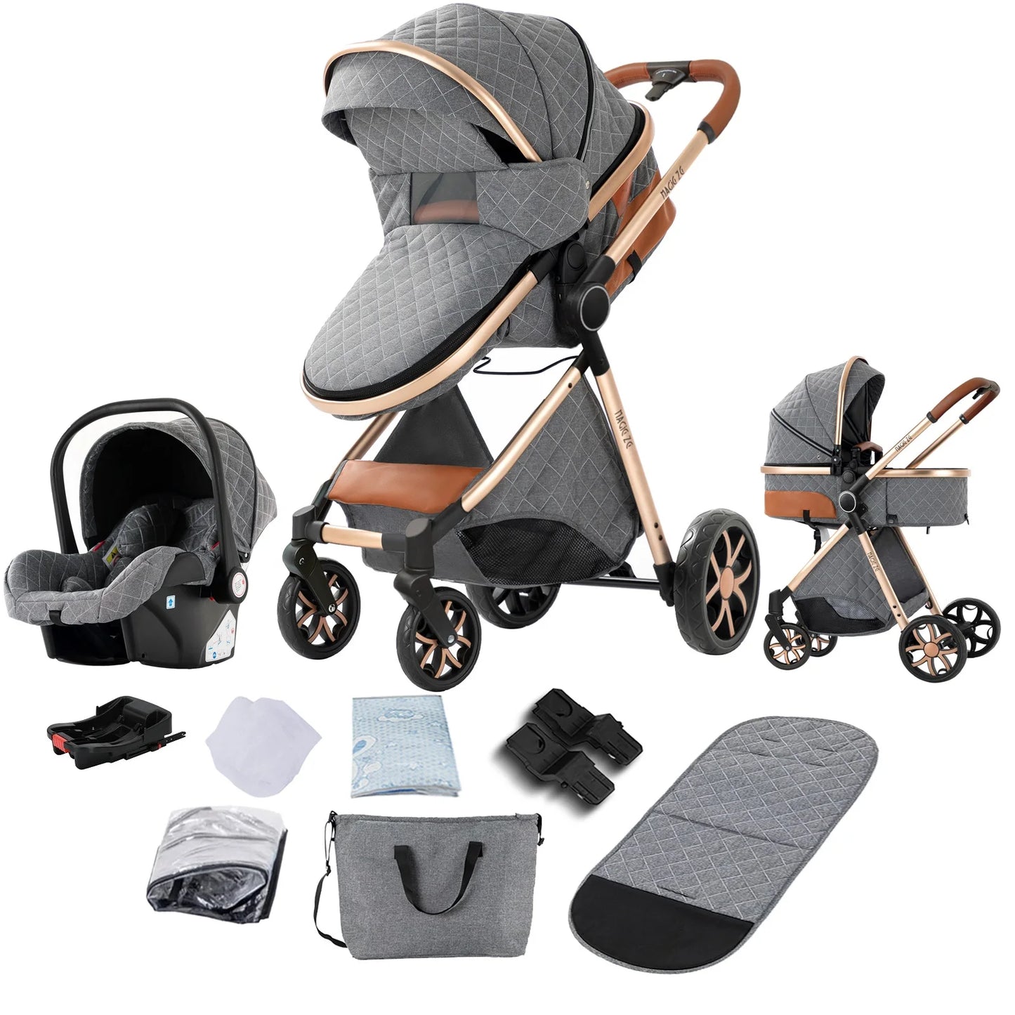 Baby Stroller 3 in 1 Travel System Pushchair Lightweight Pram All Terrain Baby Buggy Compact Fold Stroller