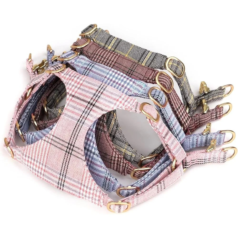 Cute Small Dog Harness Collar Leash Set Adjustable Soft Plaid Design for Extra Small Dogs and Cats Ideal for Walks and Parties