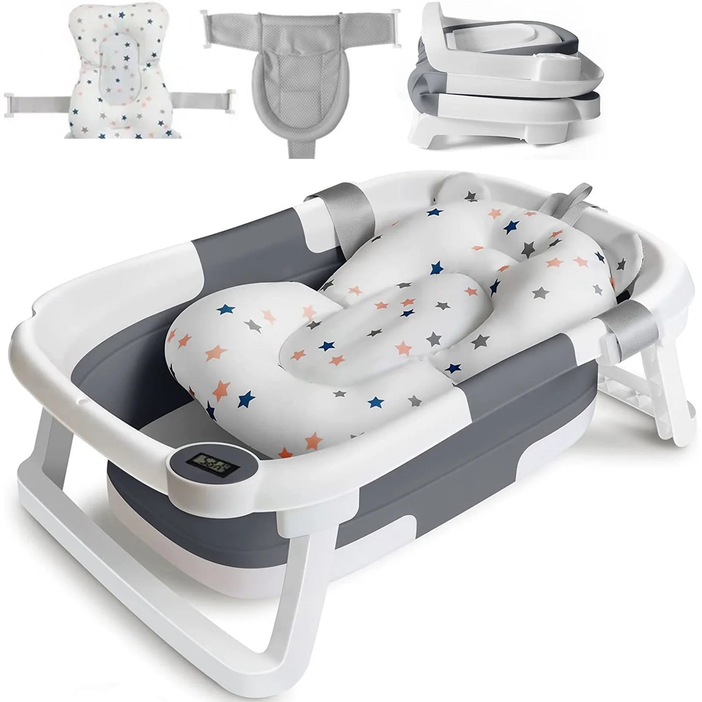 Foldable Baby Bathtub with Thermometer and Floating Cushion for Infants and Toddlers 0 to 36 Months