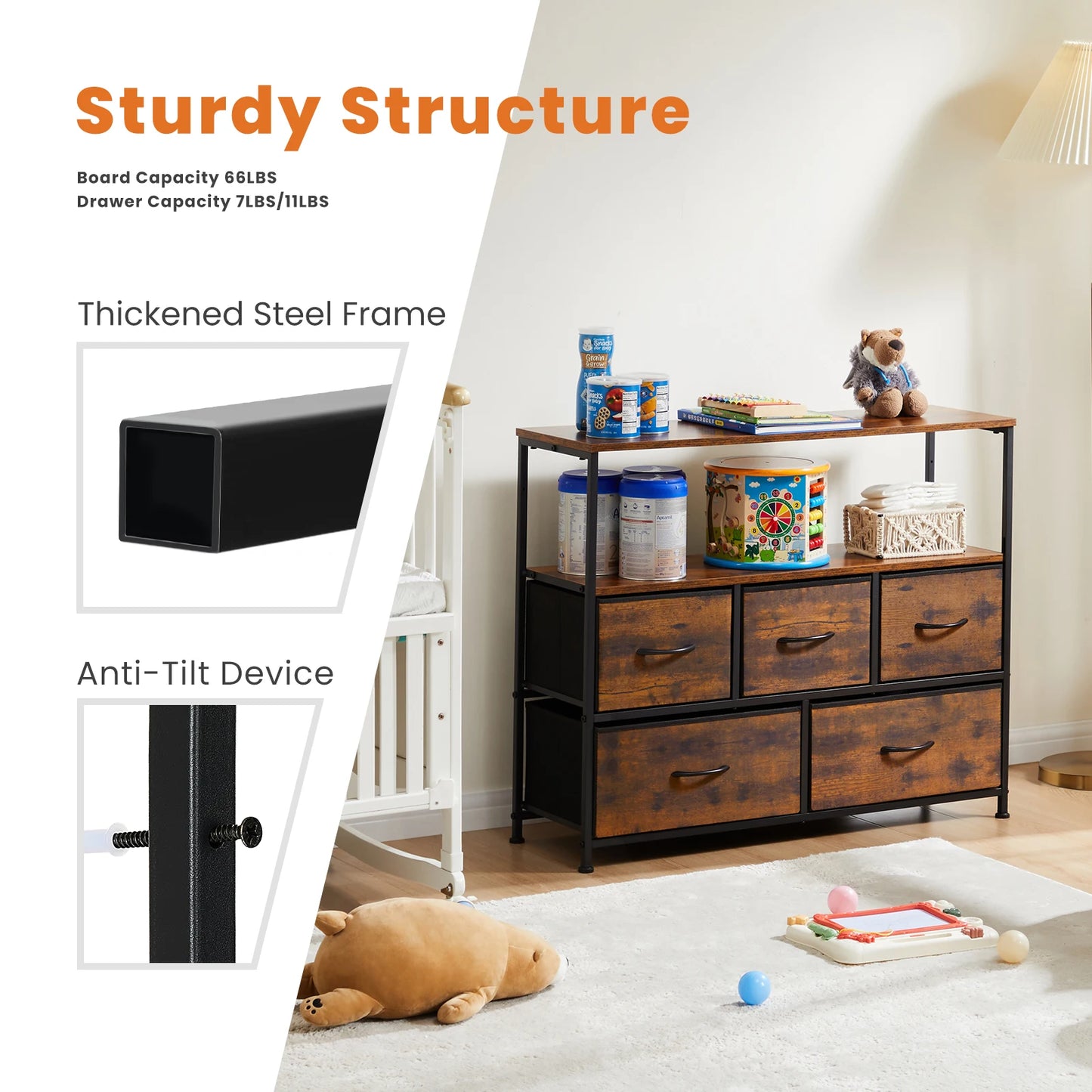 JHK Shoe Cabinet Dresser With 5 Fabric Drawers TV Stand