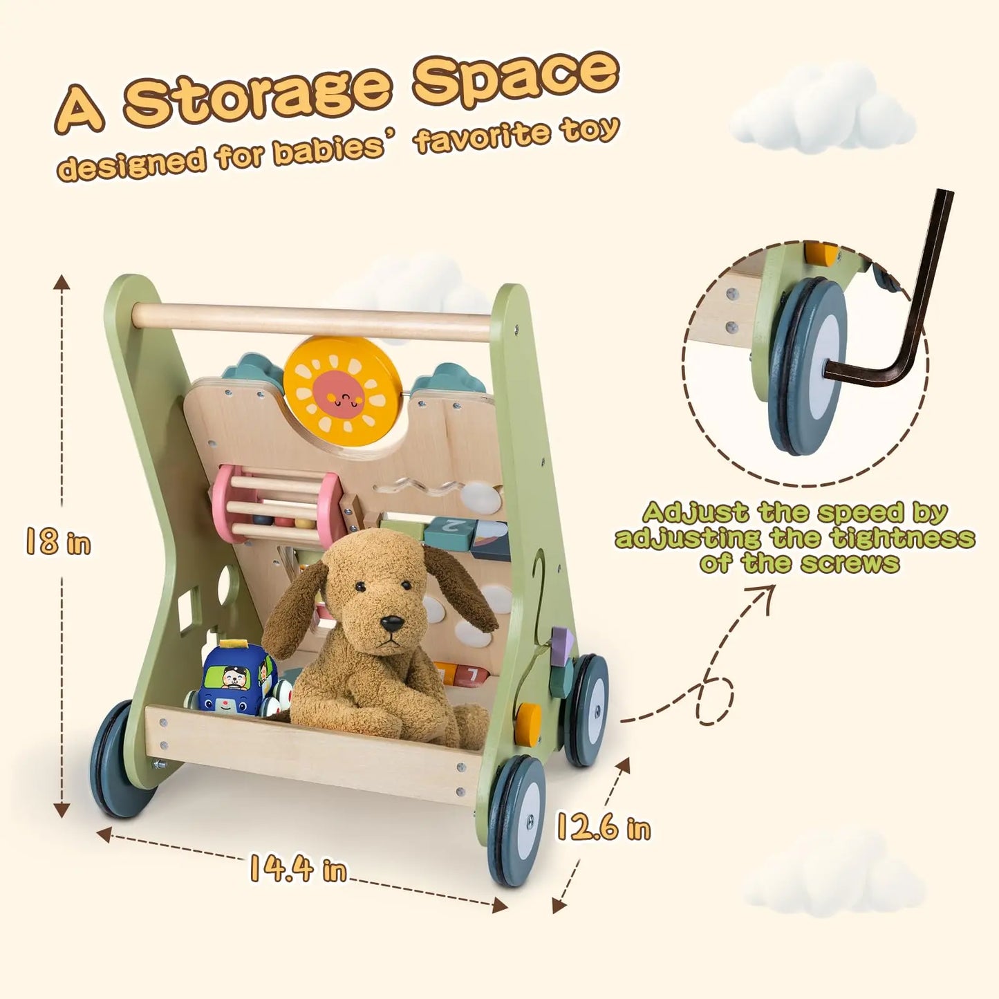 Wooden Baby Walker with Wheels Montessori Walker for Boys 6 to 12 Months Push Toy Baby Walking Toys for One Year Old Activity Center