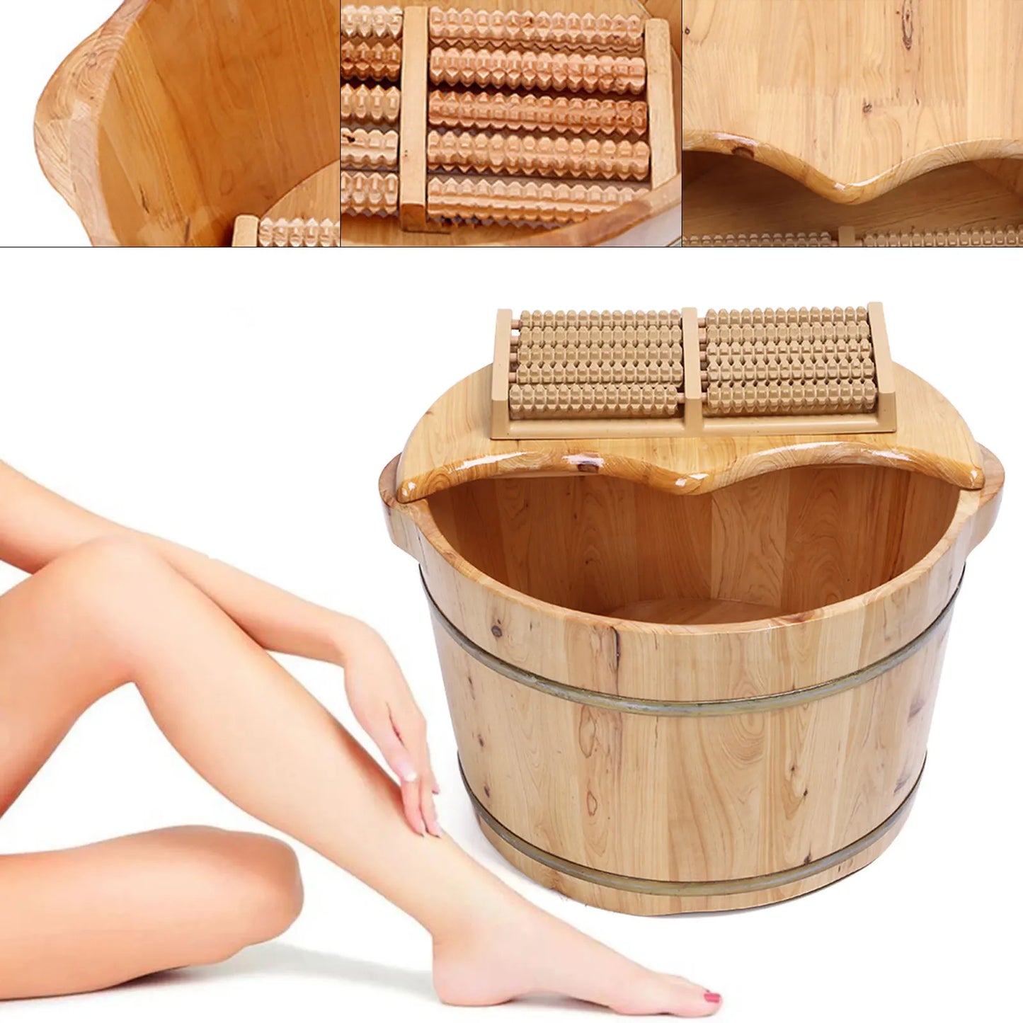 Cedar Wood Foot Bath Tub Lid Massager Solid Wood Handmade Spa Bucket with Massager and Lid