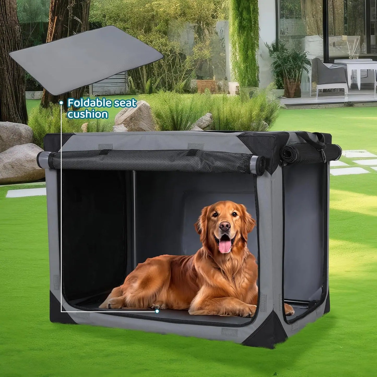 Collapsible Dog Crate 36 42 Inch Outdoor Travel Dog Crate Portable Fabric Cover Kennel by Iron Pipe with Four Mesh Windows