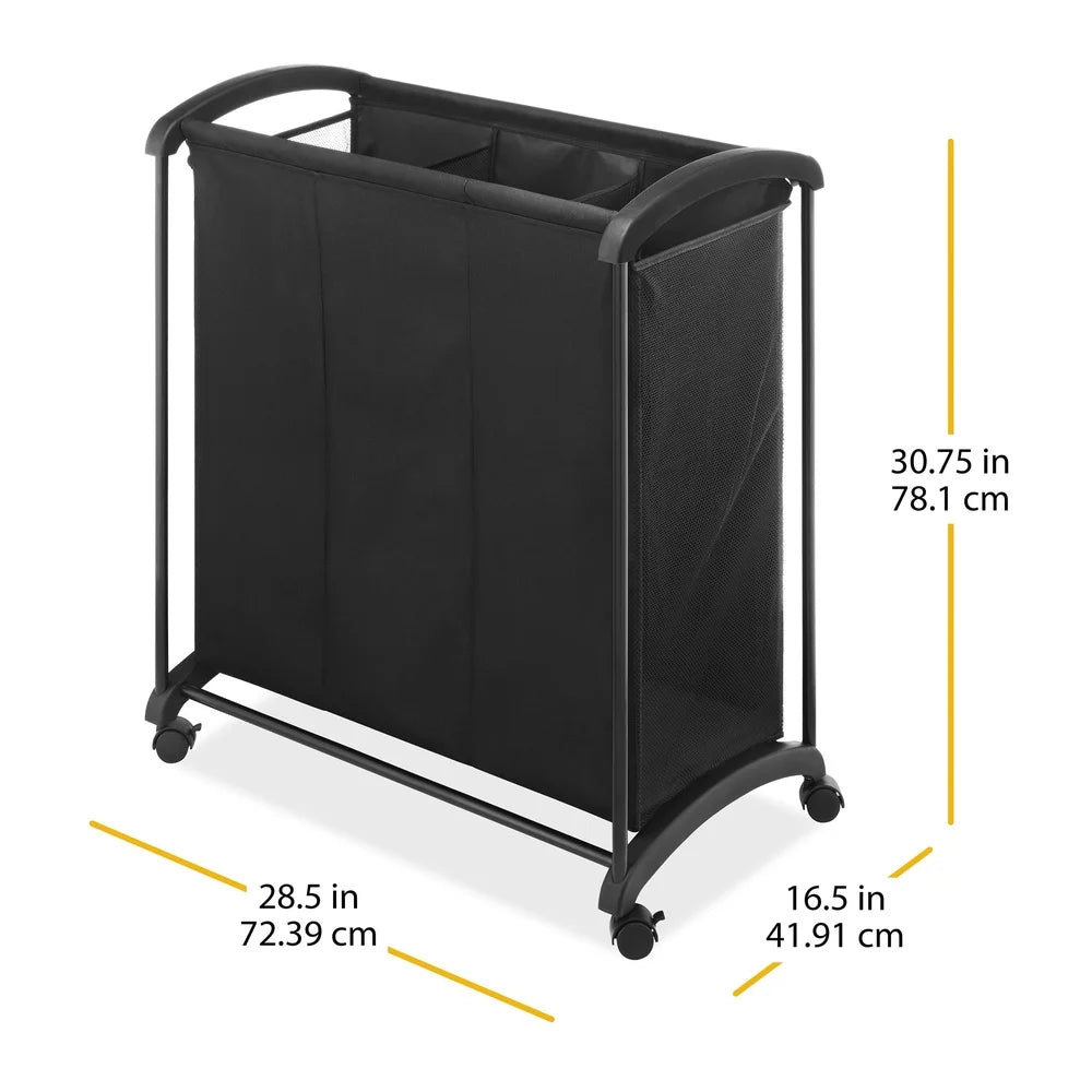 3 Section Laundry Sorter with Wheels Fabric Mesh Heavy Duty Laundry Hamper Rolling Storage Bin Toy Organizer for Adults and Teens