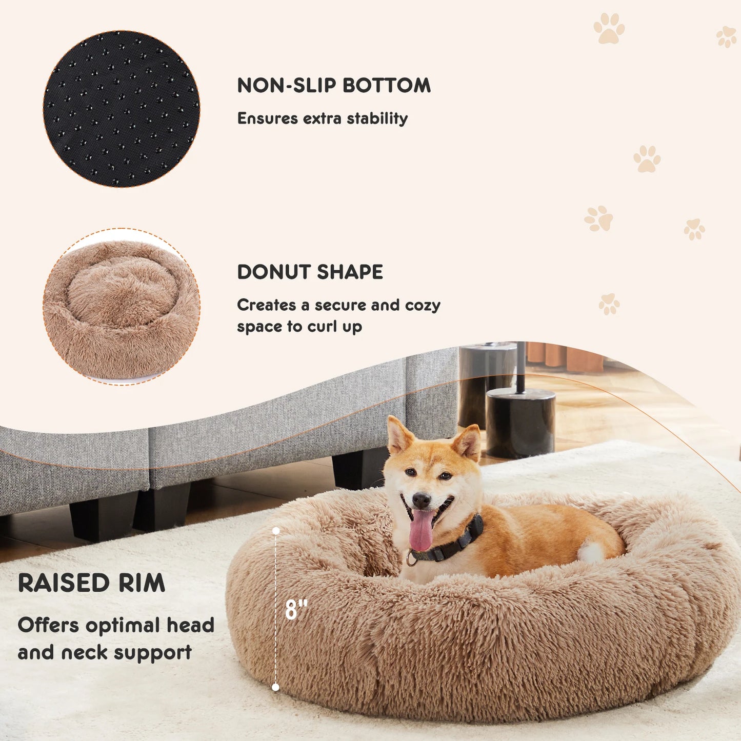 JHK Calming Round Plush Dog Bed For Large Dogs Washable