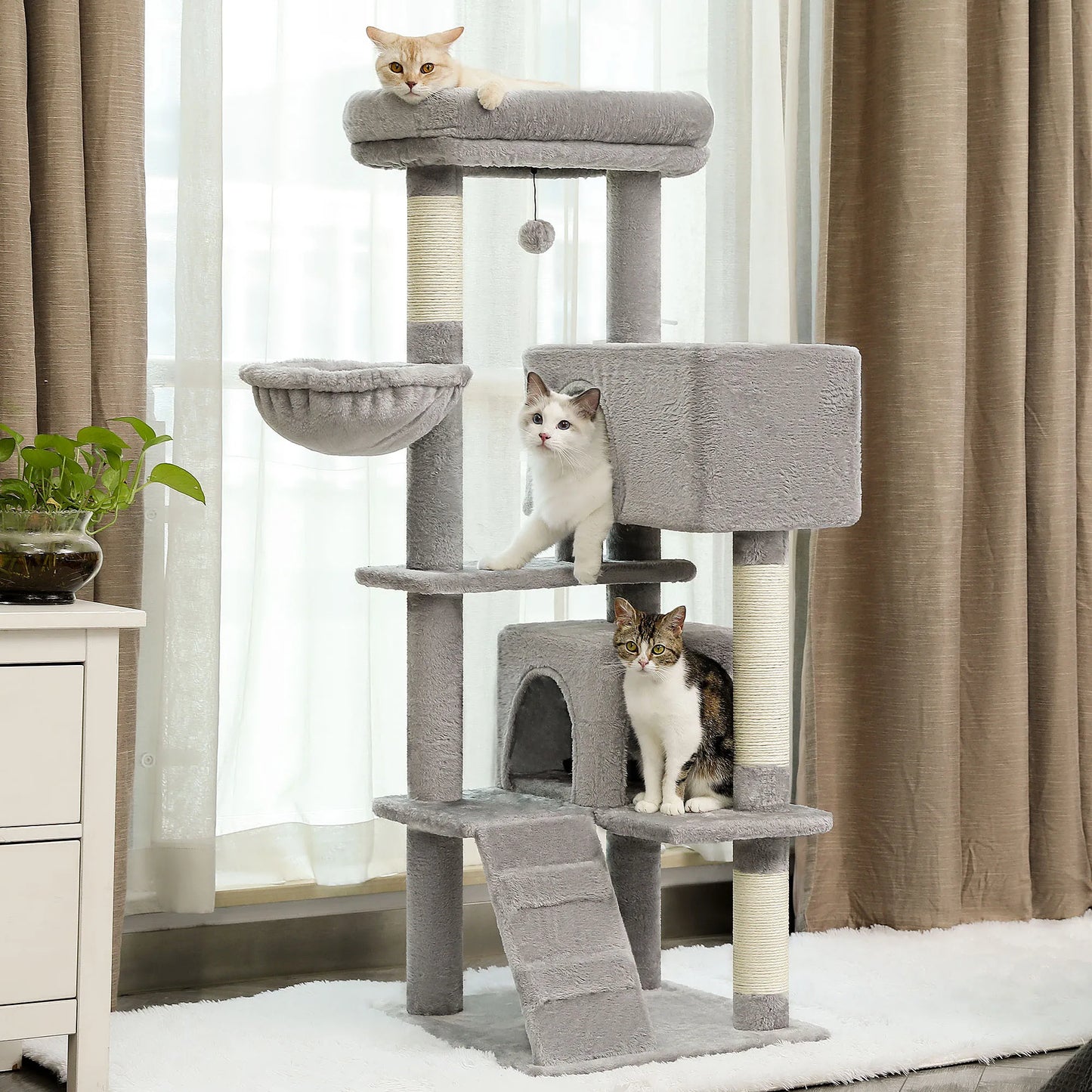 56.3 Inch Cat Tree for Large Cats with Super Large Top Perch Plush Hammock Dangling Pompom and Cat Scratching Post