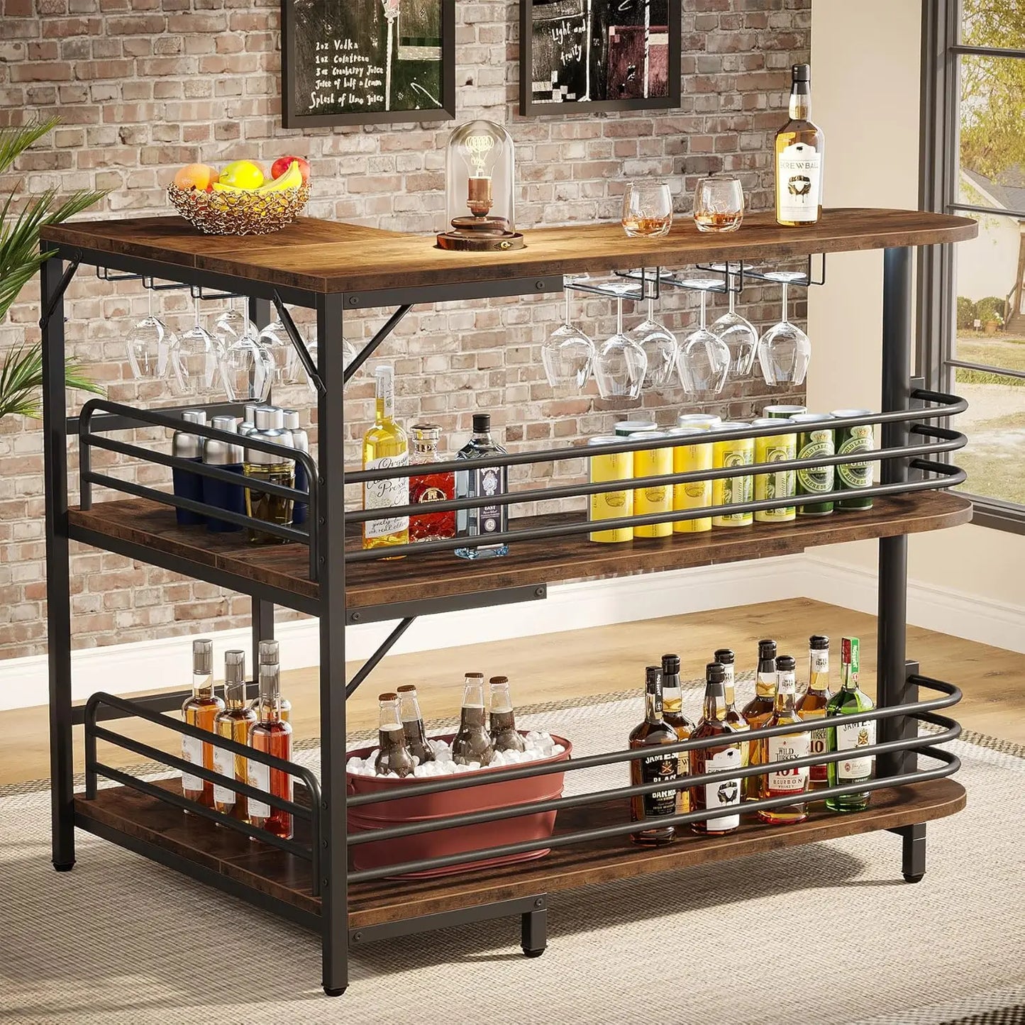 L Shaped Home Bar Unit With 3 Tier Liquor Table And Storage