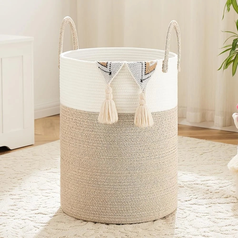 Woven Cotton Rope Laundry Basket Storage Hamper for Dirty Clothes Toys and Blankets Easy to Clean Collapsible Design for Bathroom and Baby Room