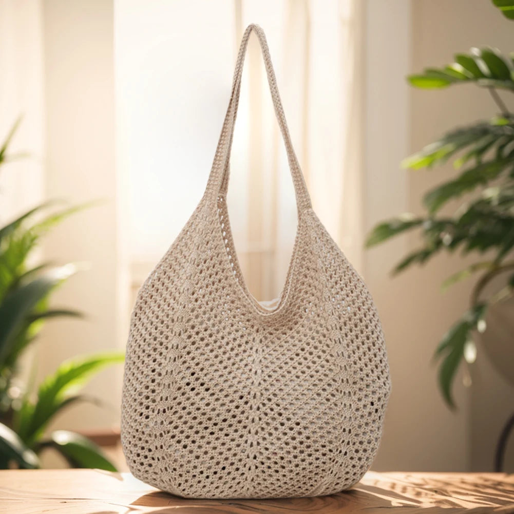Women Knitting Shoulder Bag Solid Color Crochet Hobo Bag