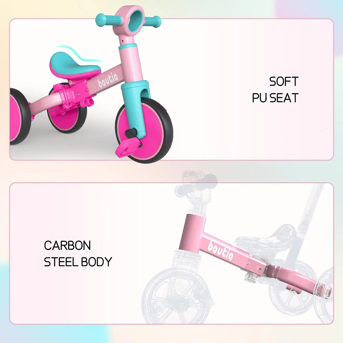 5 In 1 Kids Tricycle For Toddlers 1 To 3 Baby Balance Bike Toy With Push Handle And Removable Pedals