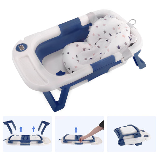 Baby Bathtub with Soft Cushion and Thermometer Portable Travel Baby Tub for Newborn to Toddler 0 to 36 Months