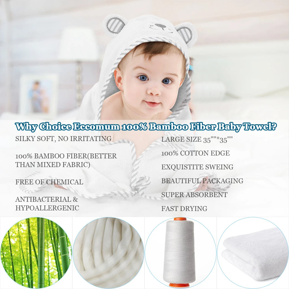 Kisdream Baby Hooded Towel Organic Bamboo Fiber Soft Bath Towels with Bear Embroidery for Toddlers