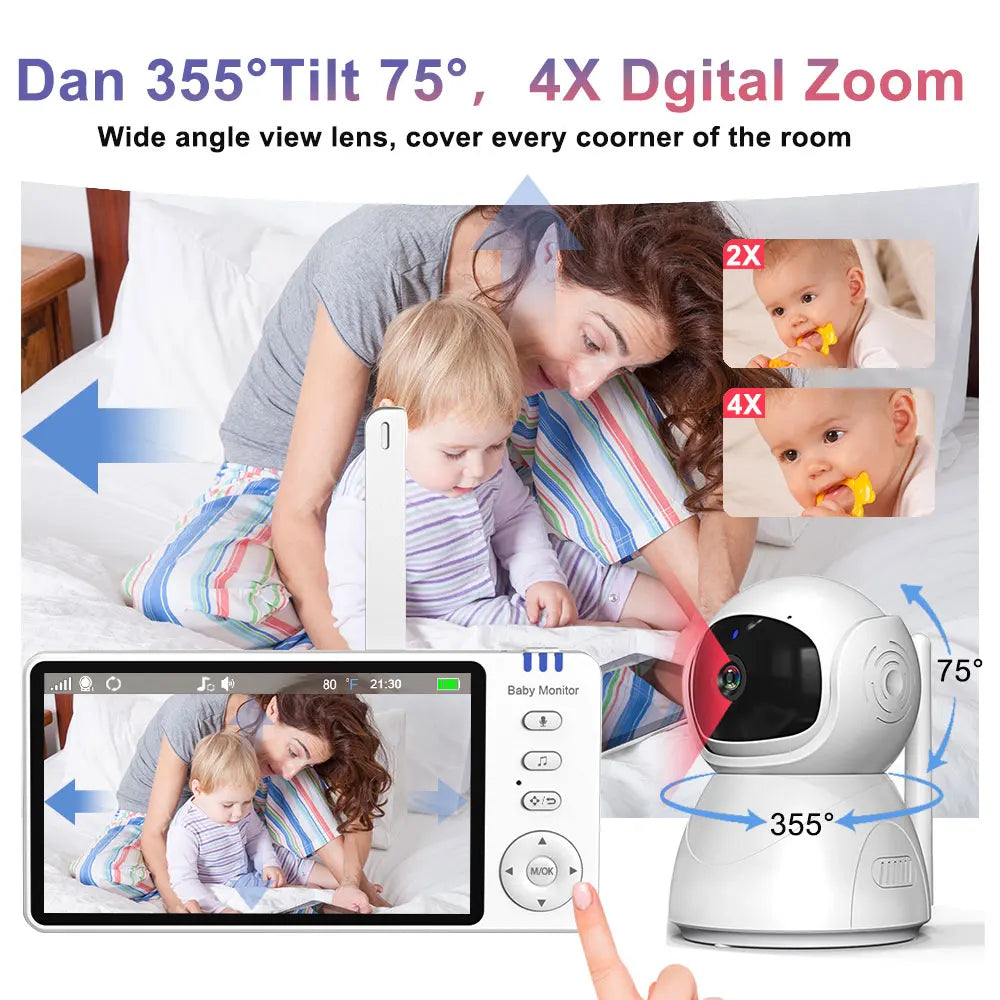 5 Inch Electronic Baby Monitor With Pan Tilt Zoom Camera Battery IPS Screen Wireless Video Audio Lullaby Nanny