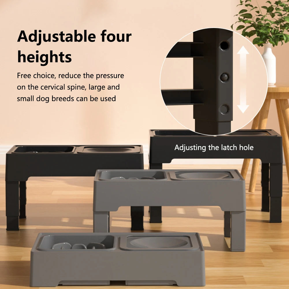 Elevated Dog Food Slow Feeder Adjustable Height Raised Dog Bowl Stand with Stainless Steel Bowls Anti Slip Water Bowl