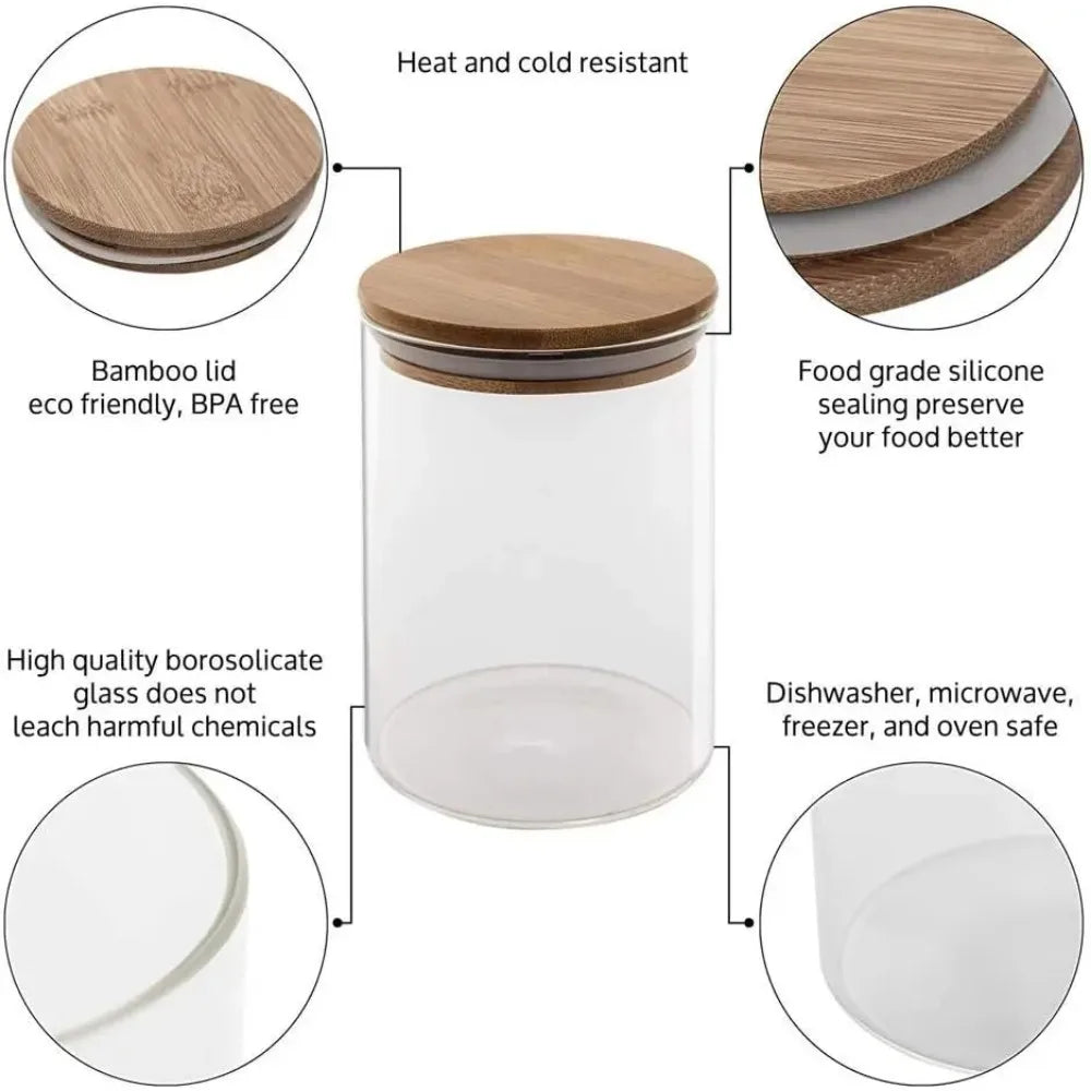 Set Of 5 Glass Kitchen Canisters With Airtight Bamboo Lids