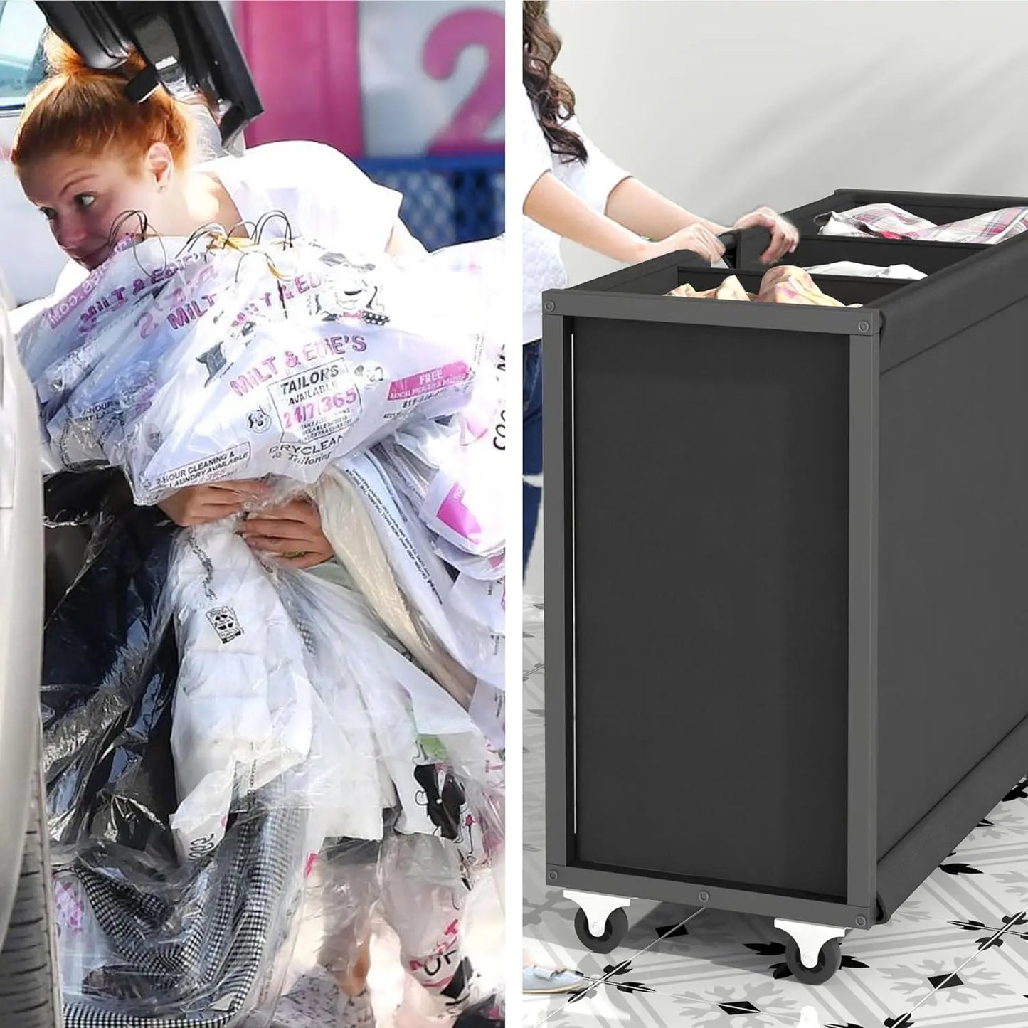 Hamper Laundry Basket With 3 Section Pullout Rolling Bags