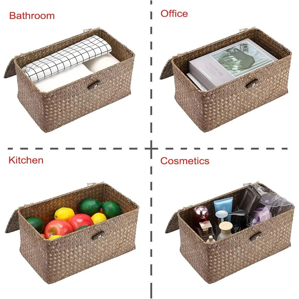 Handwoven Seagrass Storage Basket With Lid Home Office