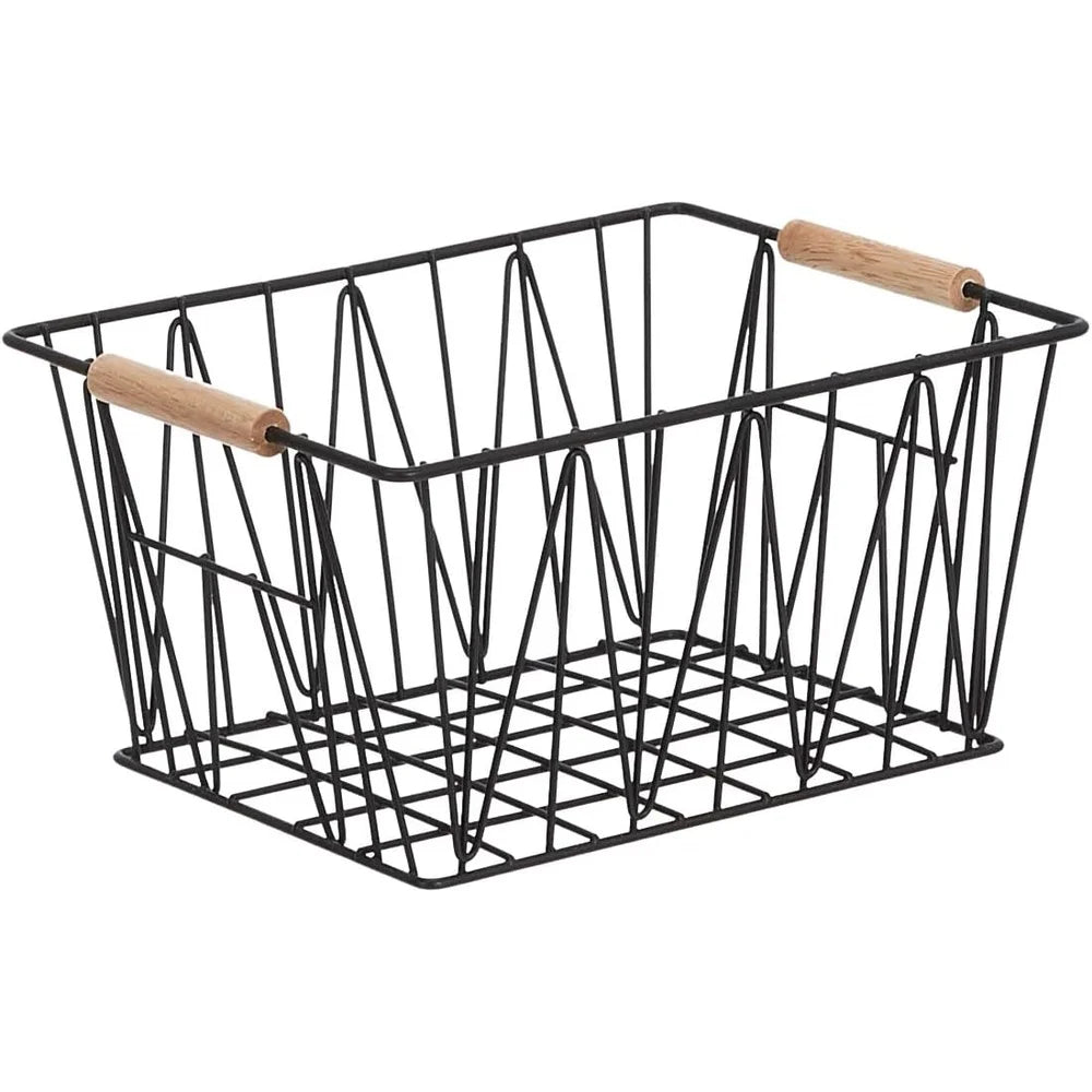 Set Of 3 Rectangular Wire Storage Baskets With Wood Handles
