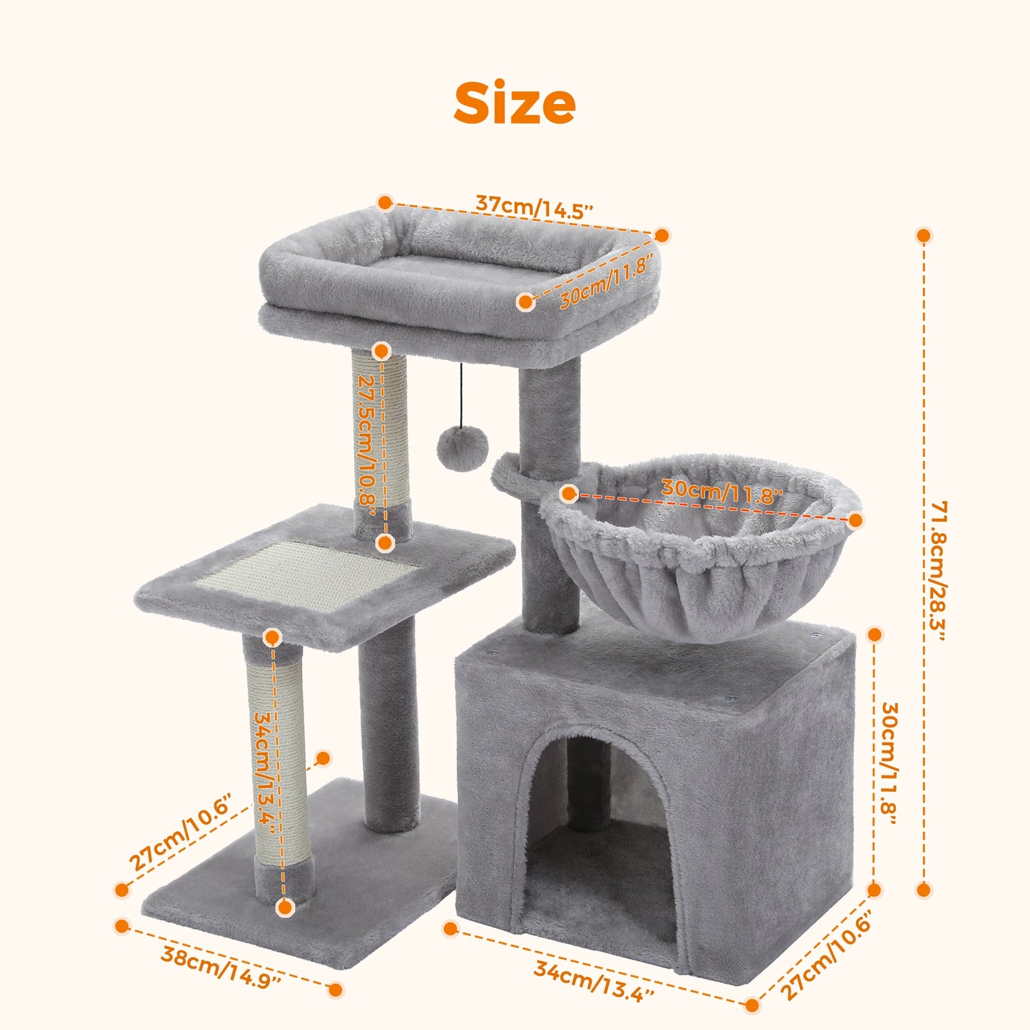 Cat Tree Cat Tower for Indoor Cats with Scratching Posts Big Hammock and Removable Top Perch Grey