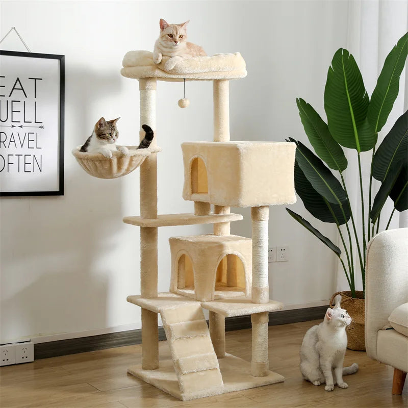 56.3 Inch Cat Tree for Large Cats with Super Large Top Perch Plush Hammock Dangling Pompom and Cat Scratching Post