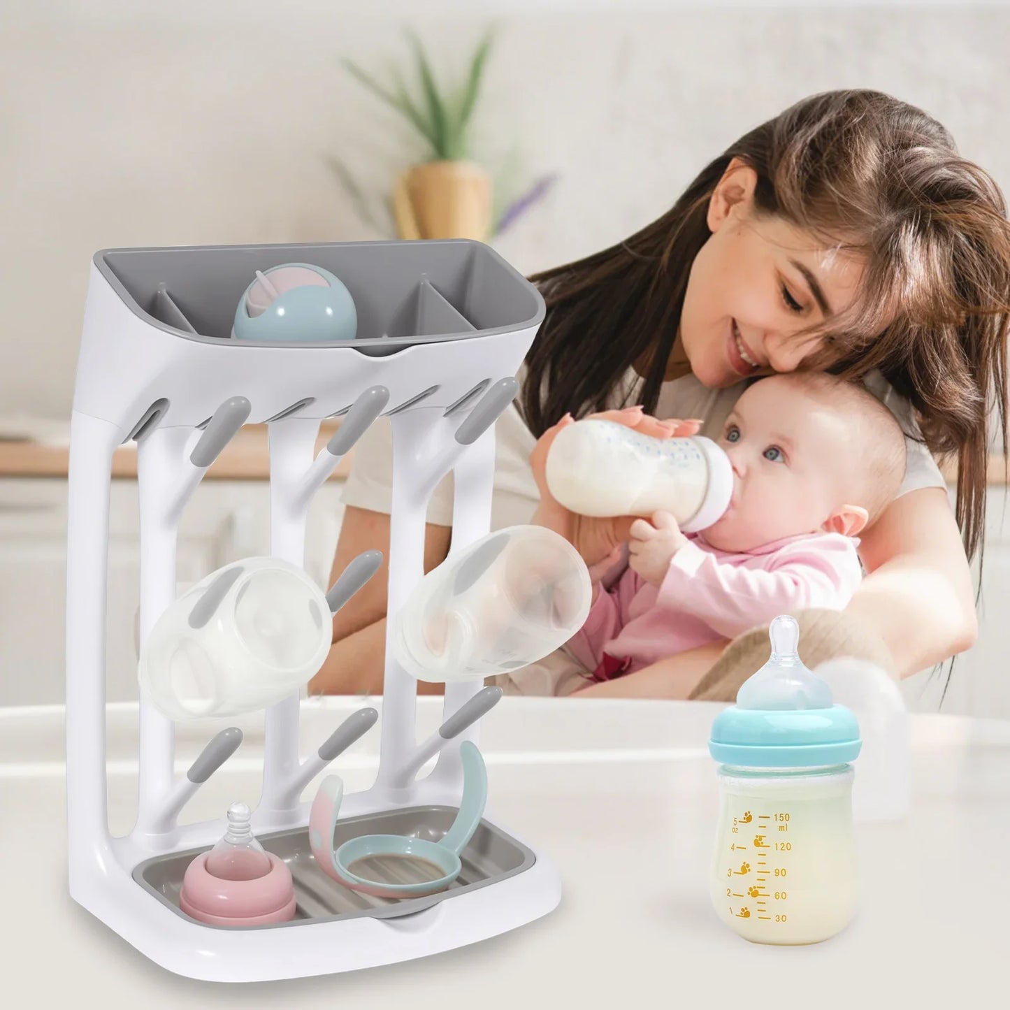Baby Bottle Drying Rack For Countertop With Detachable Tray