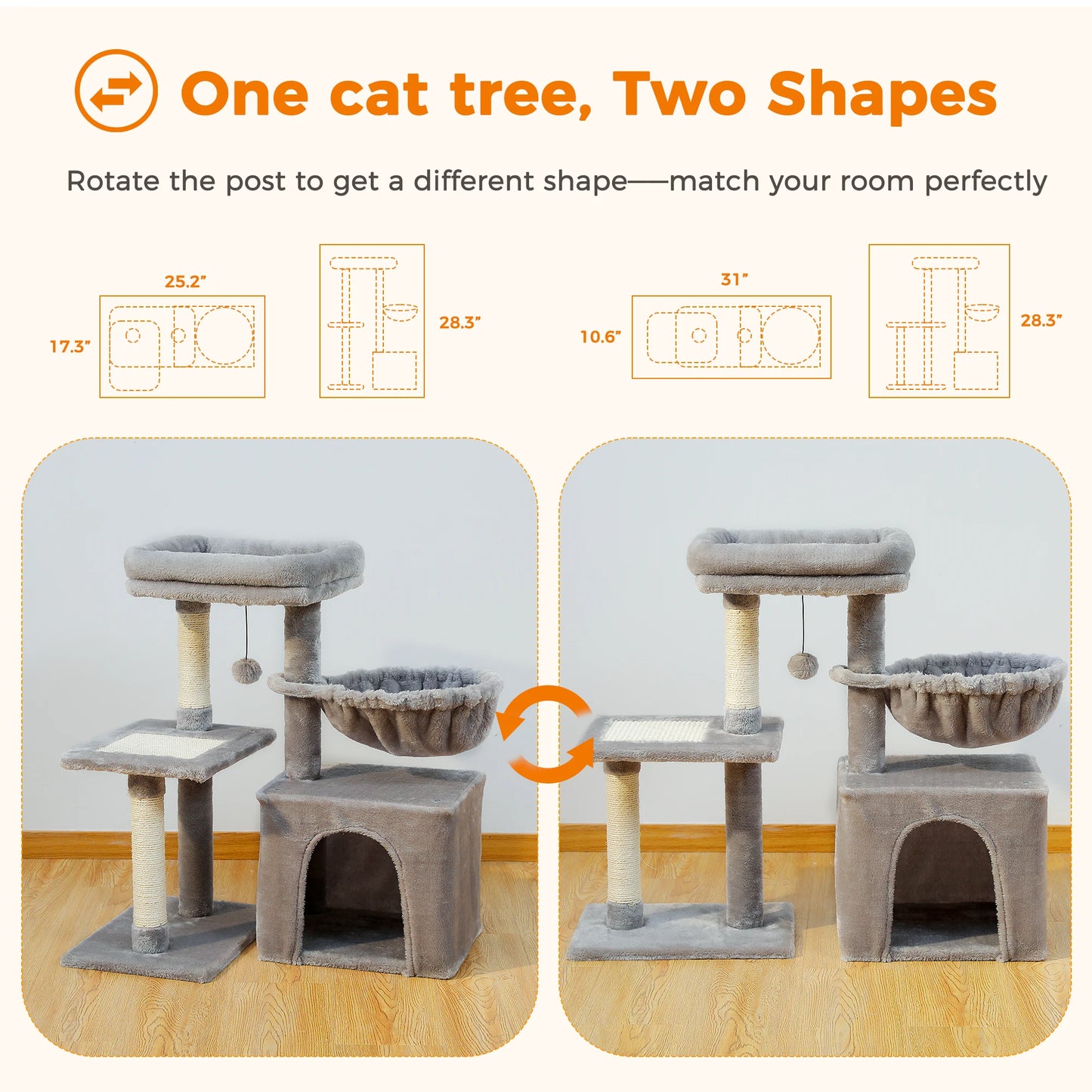 Cat Tree Cat Tower for Indoor Cats with Scratching Posts Big Hammock and Removable Top Perch Grey