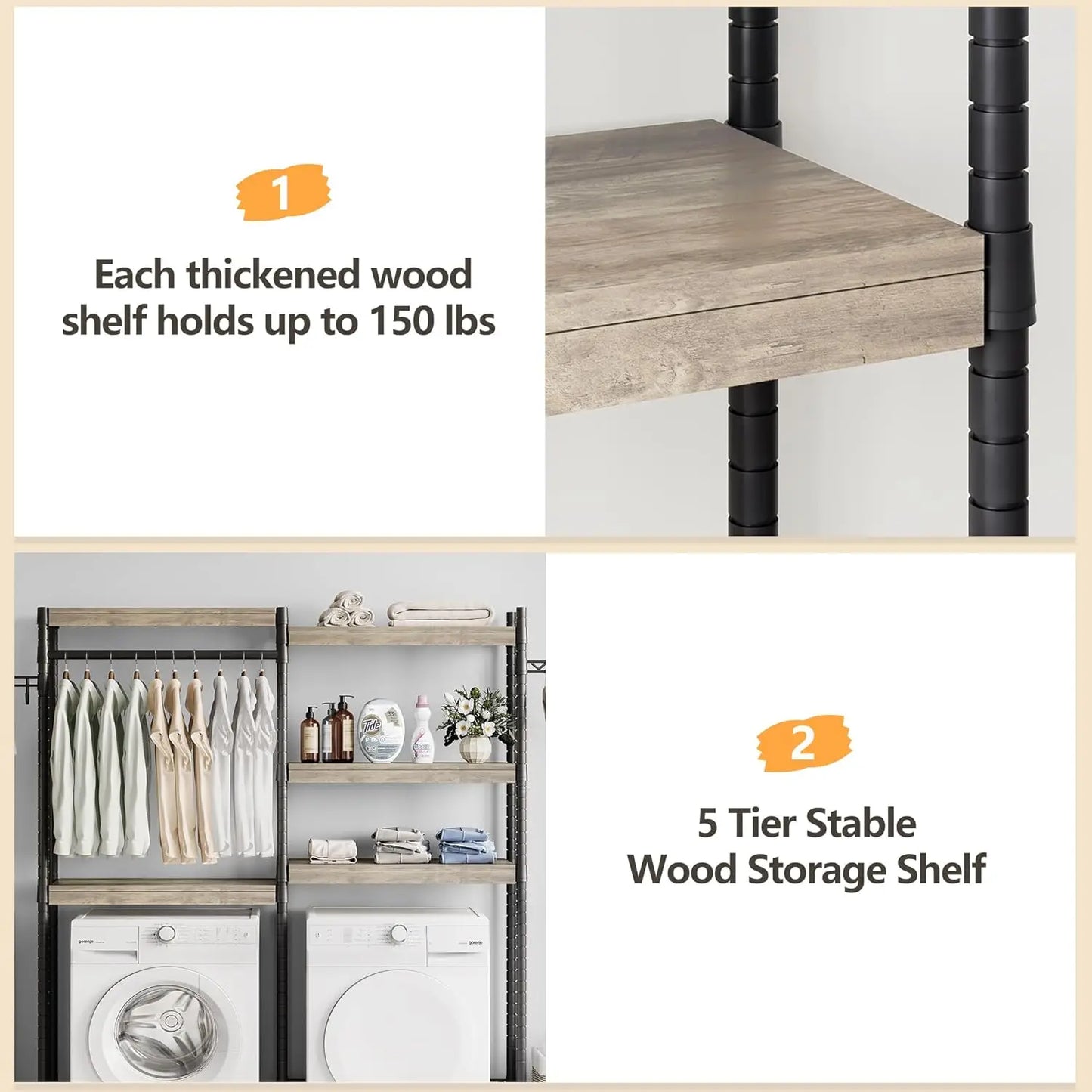 5 Tier Over Washer Dryer Wood Storage Shelf Organizer