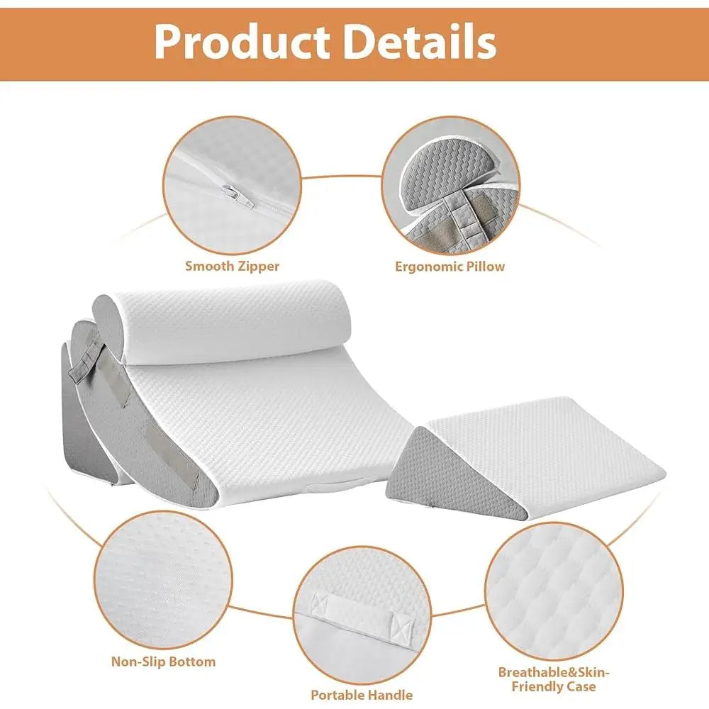 Orthopedic Wedge Pillow Set 4 Pieces Adjustable Memory Foam Back Pain Relief Post Surgery Acid Reflux Snoring GERD Support Pillow