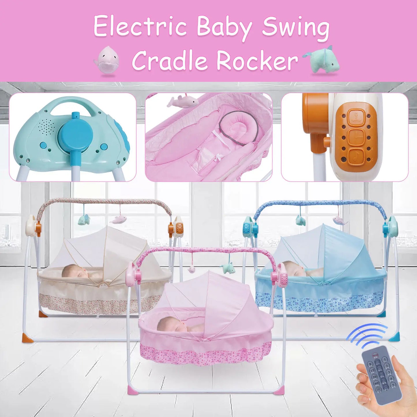 Electric Baby Cradle Auto Swing Rocker Cot Infant Sleeping Bed with Timer Bluetooth Music Mat Pillow and 5 Gears Adjustable