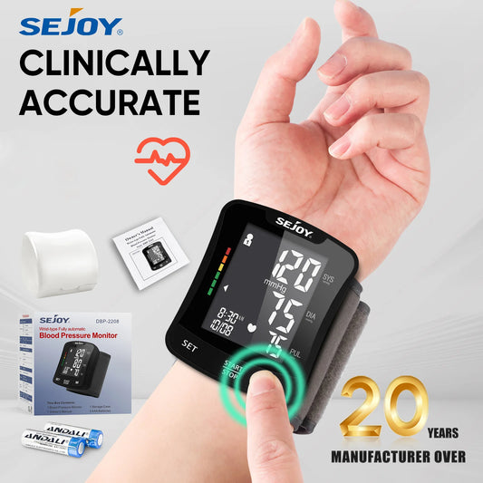 Sejoy Electronic Blood Pressure Monitor Wrist Cuff Tonometer Digital Sphygmomanometer BP Meter with Large LCD Display
