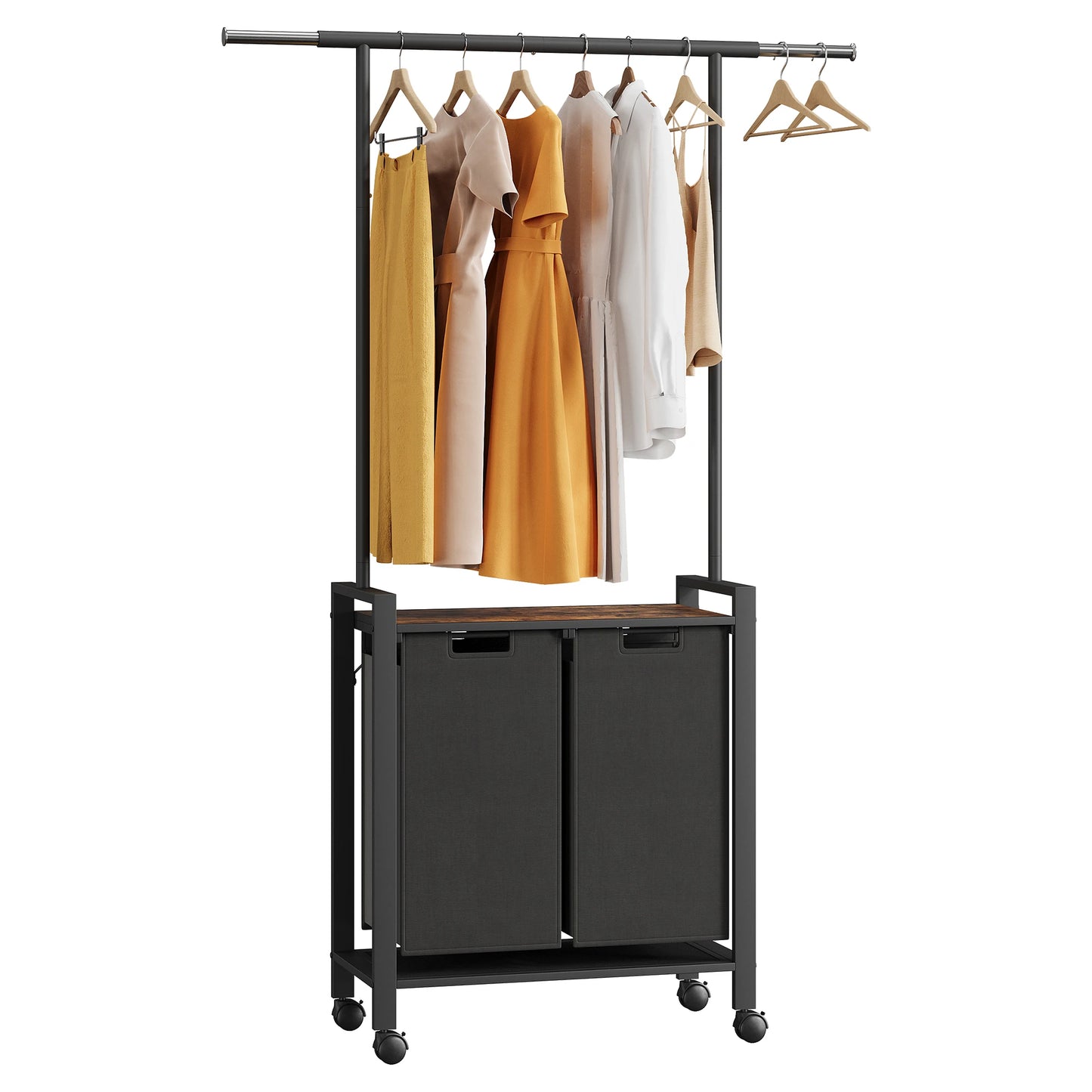 HobbyLane Laundry Hamper Sorter With Clothes Hanging Rod And Wooden Storage Shelf Organizer