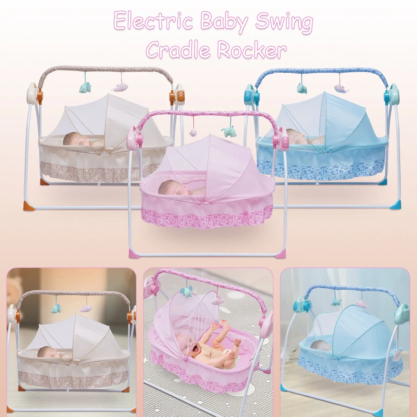 Electric Baby Cradle Auto Swing Rocker Cot Infant Sleeping Bed with Timer Bluetooth Music Mat Pillow and 5 Gears Adjustable