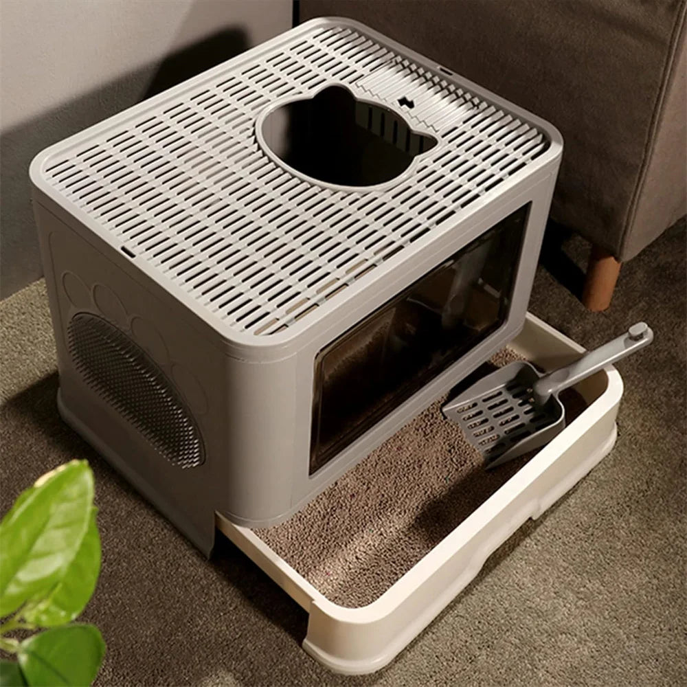 Large Hooded Cat Litter Box Tray Drawer Type Pet Kitty Toilet Top Entry Anti Splashing Enclosed Potty with Hair Grooming Scoop