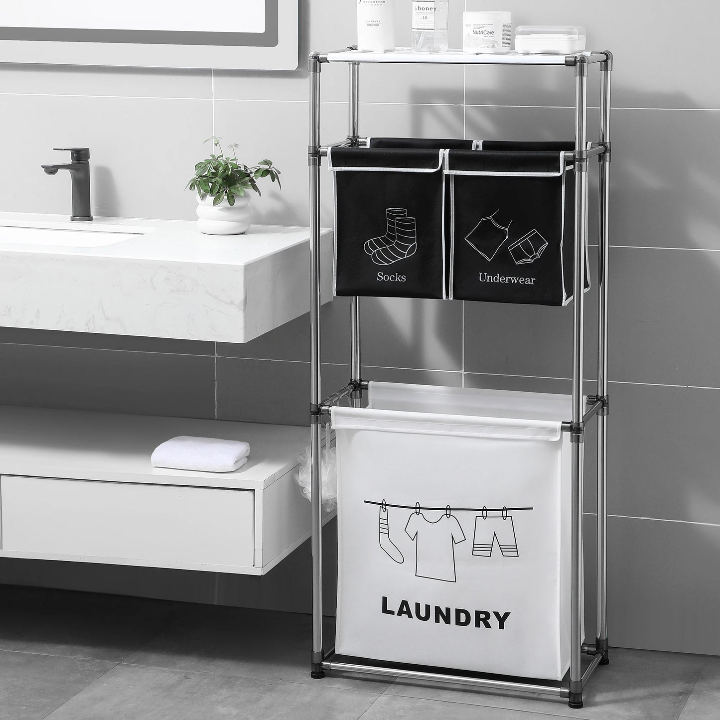 Romellar 3 Tier Laundry Sorter Hamper With 4 Removable Bags For Darks And Lights