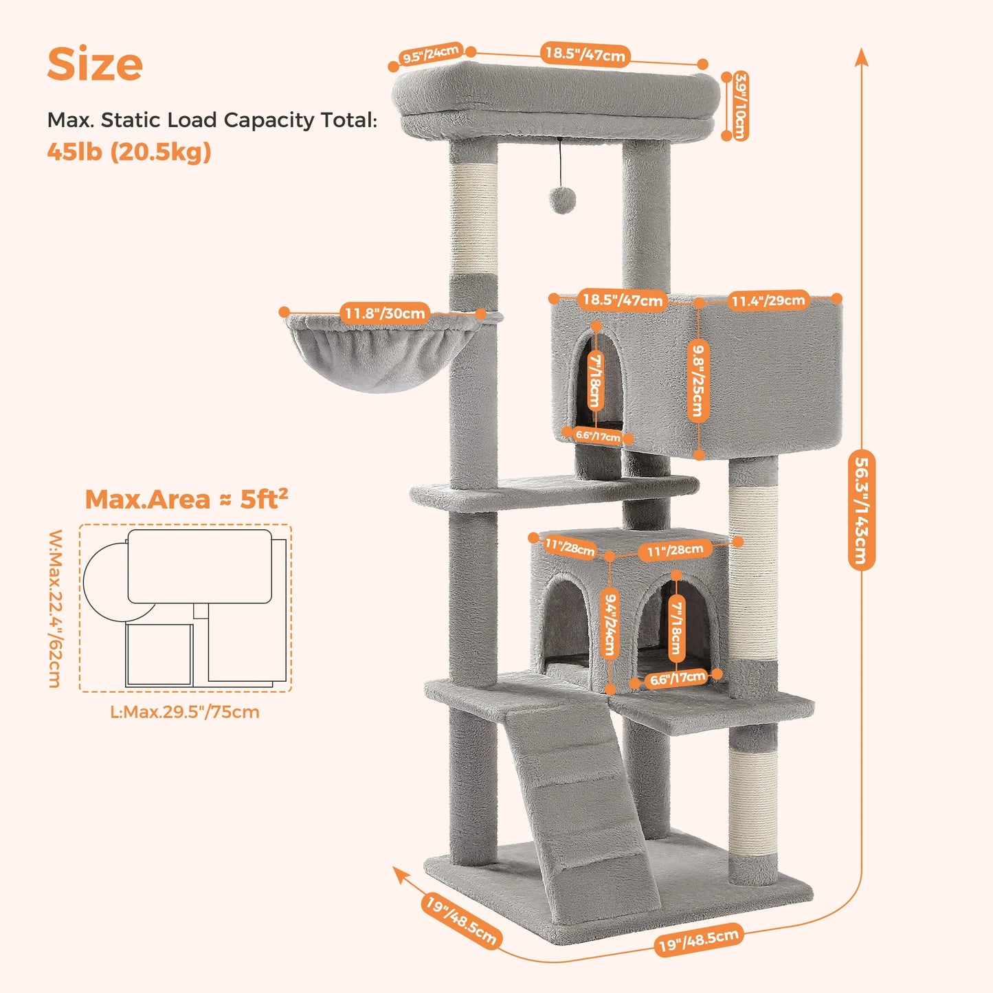 56.3 Inch Cat Tree for Large Cats with Super Large Top Perch Plush Hammock Dangling Pompom and Cat Scratching Post