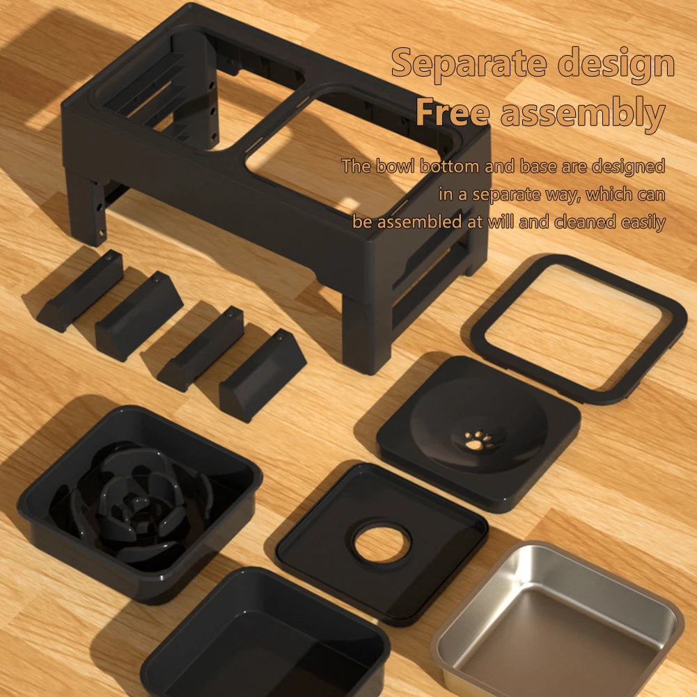 Elevated Dog Food Slow Feeder Adjustable Height Raised Dog Bowl Stand with Stainless Steel Bowls Anti Slip Water Bowl