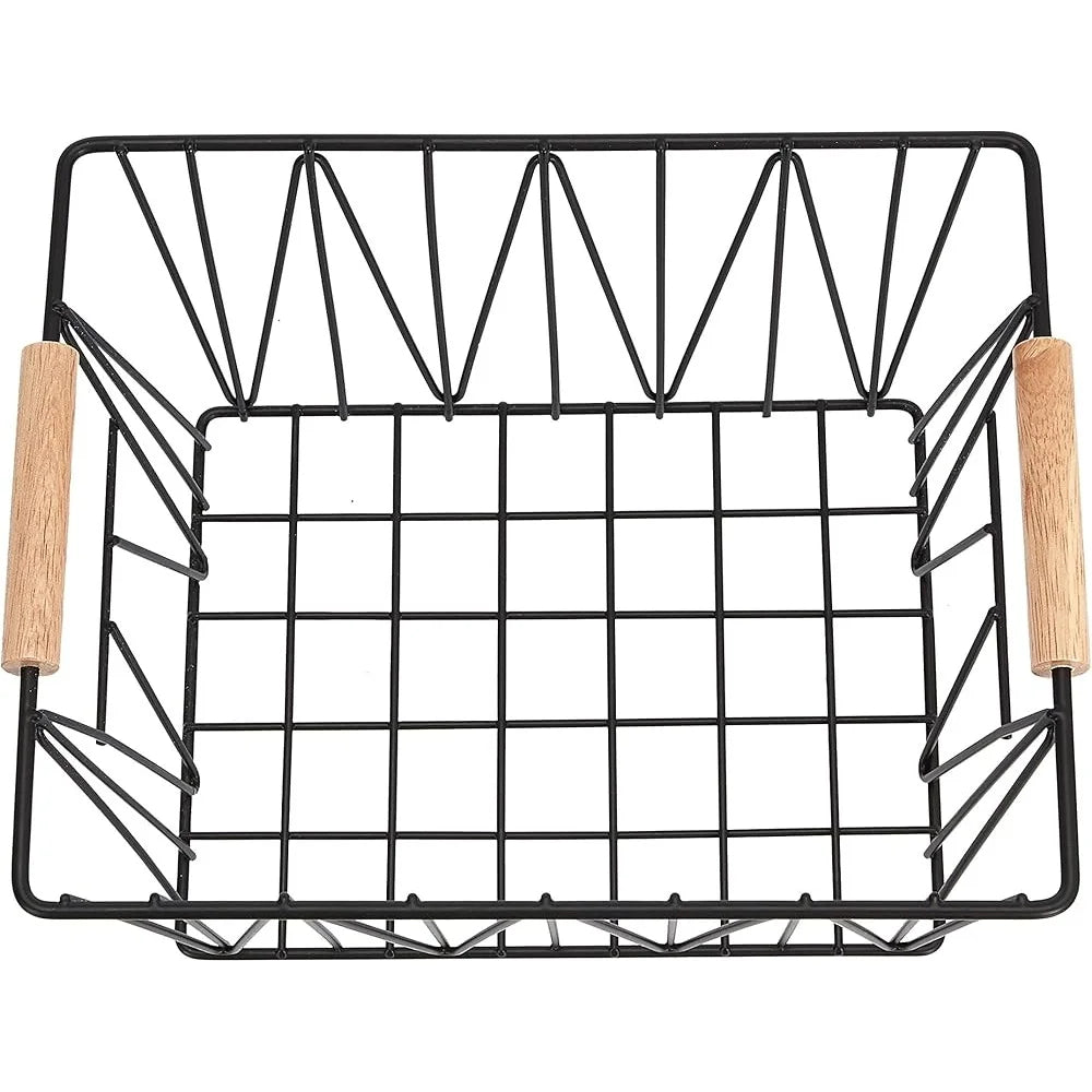 Set Of 3 Rectangular Wire Storage Baskets With Wood Handles