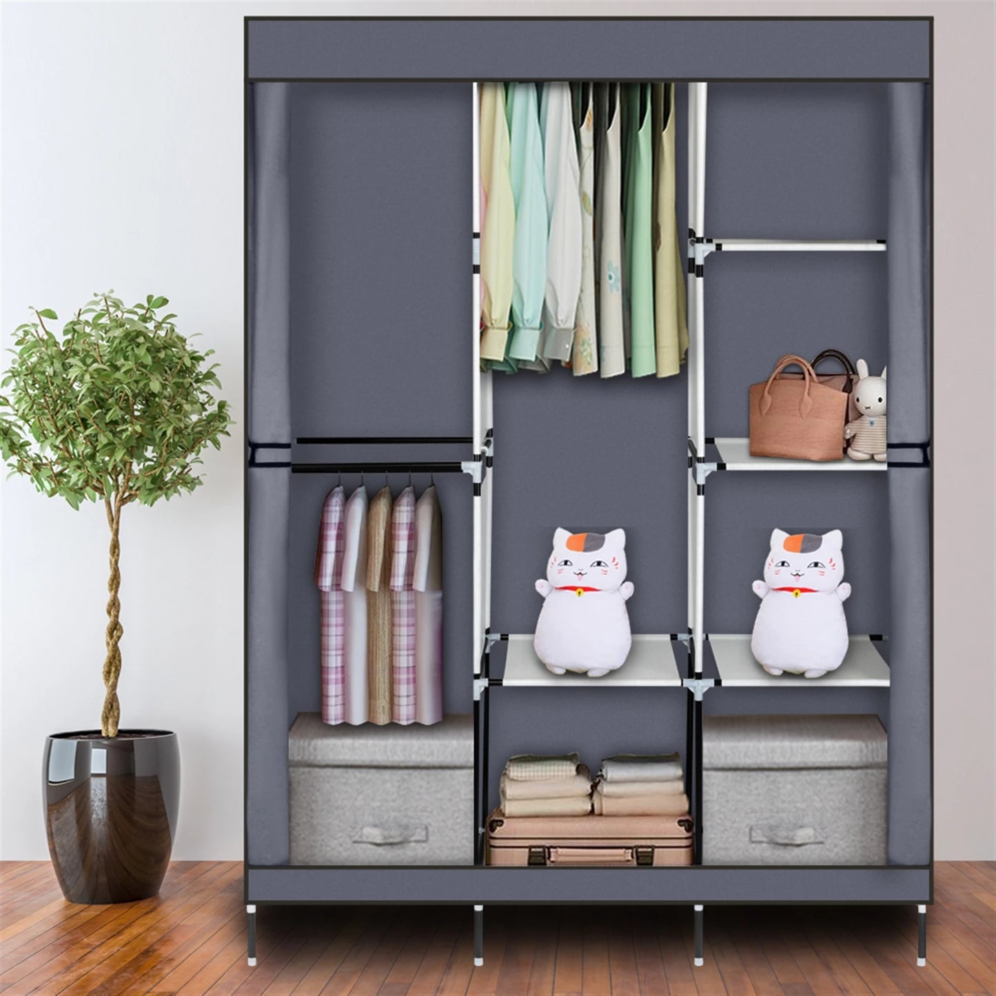 71 Inch Portable Closet Wardrobe Storage Organizer Gray